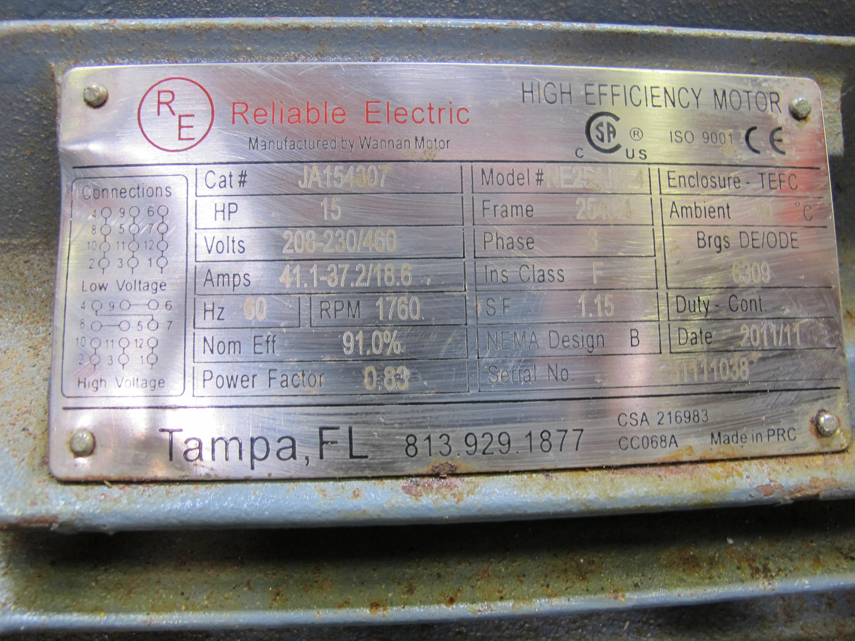 RELIABLE ELECTRIC MOTOR, MODEL#NE254JM-4. LOADING & HANDLING FEE $15-4157